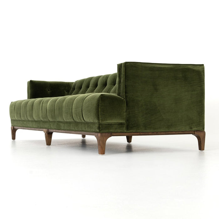 mid century tufted sapphire olive velvet fabric mid century inspired sofa amy koehn calgaryr designer calgary furniture shop