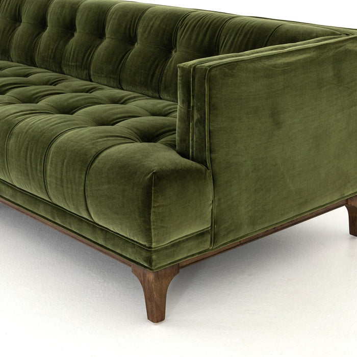 mid century tufted sapphire olive velvet fabric mid century inspired sofa amy koehn calgaryr designer calgary furniture shop