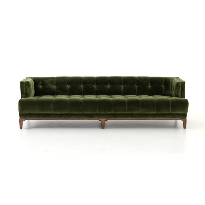 mid century tufted sapphire olive velvet fabric mid century inspired sofa amy koehn calgaryr designer calgary furniture shop