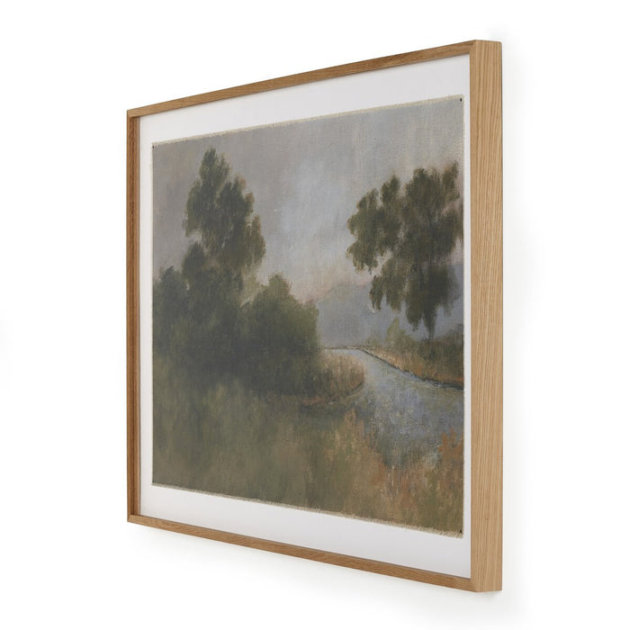 Landscape artwork  Framed Canvas  Atmospheric Landscape  Early Impressionism  Aileen Fitzgerald  Trees and Water artwork  muted colors  peaceful landscape  white oak frame  large artwork  interior design  koehndesign  calgary designer  amy kohen  calgary  yyclifestyle  yycliving  calgary furniture shop  shopkoehndesign