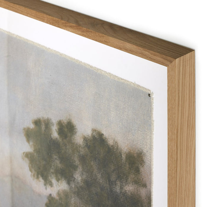 Landscape artwork  Framed Canvas  Atmospheric Landscape  Early Impressionism  Aileen Fitzgerald  Trees and Water artwork  muted colors  peaceful landscape  white oak frame  large artwork  interior design  koehndesign  calgary designer  amy kohen  calgary  yyclifestyle  yycliving  calgary furniture shop  shopkoehndesign