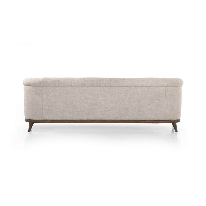 cream linen tradiontal button tufted linen performance fabric wood frame rolled arms parisian cream sofa amy koehn calgary designer calgary furniture shop