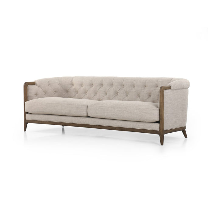 cream linen tradiontal button tufted linen performance fabric wood frame rolled arms parisian cream sofa amy koehn calgary designer calgary furniture shop