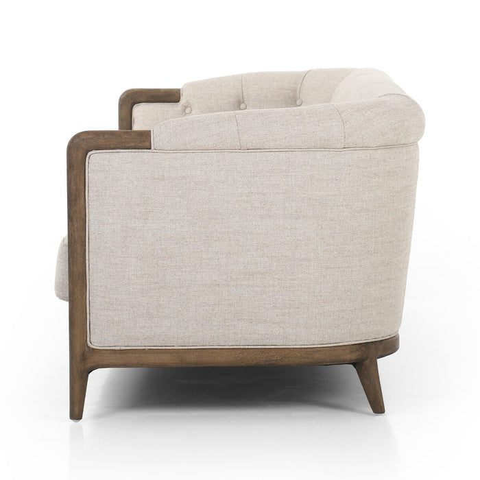 cream linen tradiontal button tufted linen performance fabric wood frame rolled arms parisian cream sofa amy koehn calgary designer calgary furniture shop