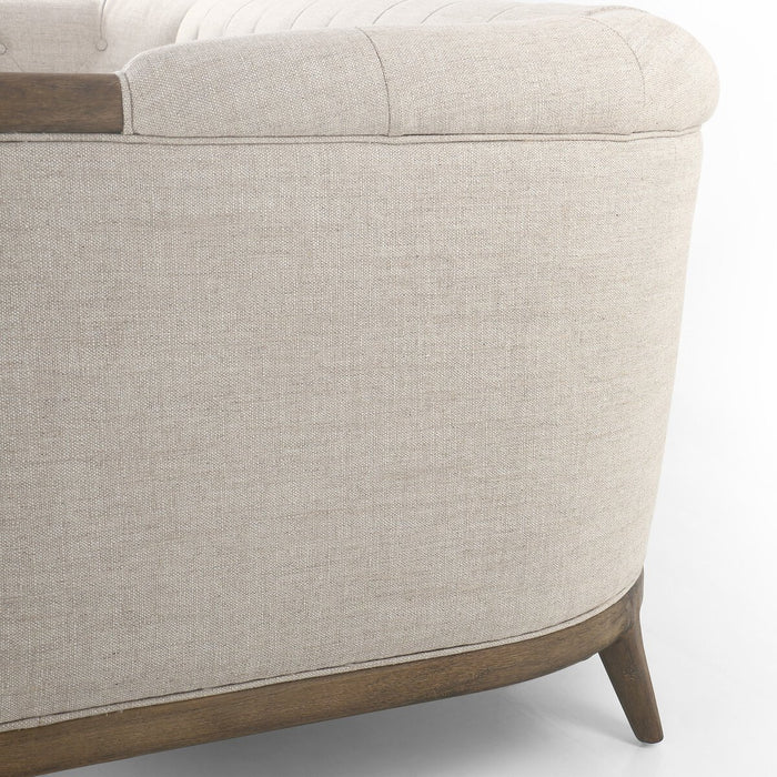 cream linen tradiontal button tufted linen performance fabric wood frame rolled arms parisian cream sofa amy koehn calgary designer calgary furniture shop