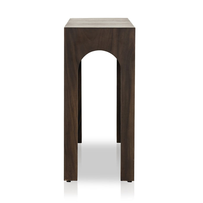 console table  interior design  koehndesign  calgary designer  amy kohen  calgary  yyclifestyle  yycliving  calgary furniture  calgary furniture shop  shopkoehndesign  accent table  angled corners  angular frame  canada  clean lines  drink table  elegant  furniture  Luxury Furniture  mid century design  mid-century  minimalist  minimalist design  modern accent table  modern  online furniture shop  round edge  wood base  wood frame  wood grain  smoked guanacaste  dark wood table  arched detail  Modern Design