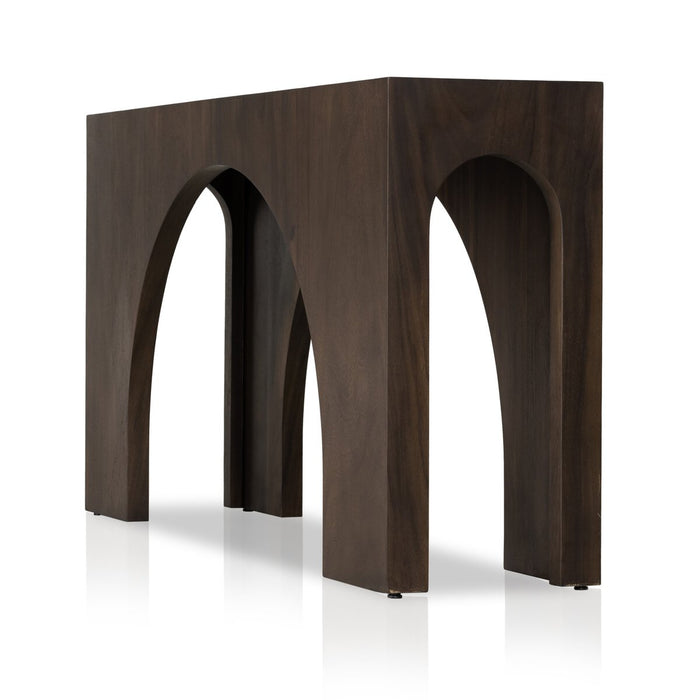 console table  interior design  koehndesign  calgary designer  amy kohen  calgary  yyclifestyle  yycliving  calgary furniture  calgary furniture shop  shopkoehndesign  accent table  angled corners  angular frame  canada  clean lines  drink table  elegant  furniture  Luxury Furniture  mid century design  mid-century  minimalist  minimalist design  modern accent table  modern  online furniture shop  round edge  wood base  wood frame  wood grain  smoked guanacaste  dark wood table  arched detail  Modern Design