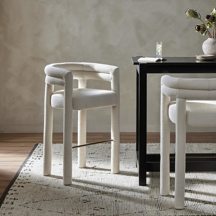tubular shaping fully upholstered boucle performance fabric counter stool shopkoehndesign calgary design furniture shop amy koehn calgary designer