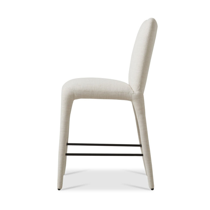 armless fully upholstered fabric with gunmetal footrest natural linen counter stool shopkoehndesgin calgary furniture shop amy koehn calgary designer
