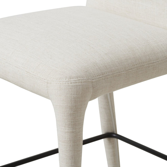 armless fully upholstered fabric with gunmetal footrest natural linen counter stool shopkoehndesgin calgary furniture shop amy koehn calgary designer