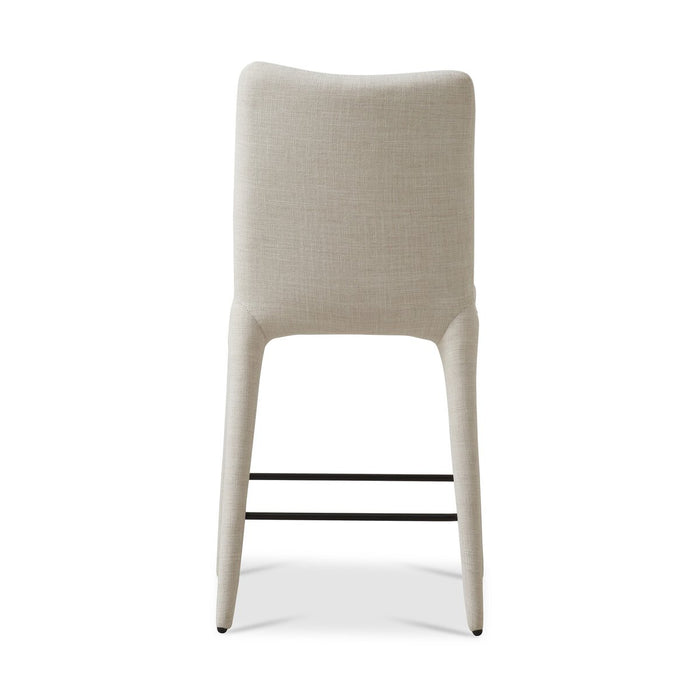 armless fully upholstered fabric with gunmetal footrest natural linen counter stool shopkoehndesgin calgary furniture shop amy koehn calgary designer
