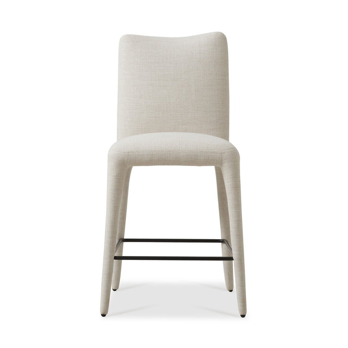 armless fully upholstered fabric with gunmetal footrest natural linen counter stool shopkoehndesgin calgary furniture shop amy koehn calgary designer