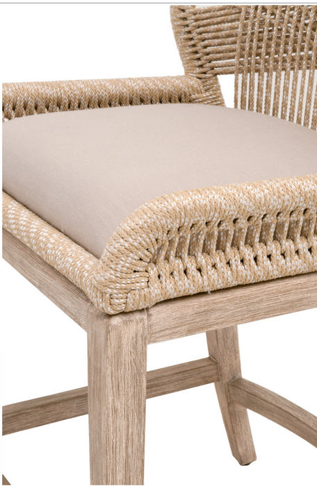 mahogany wood frame with intricate rope weave design and fixed upholstered seat cream linen cushion shopkohendesign interior design calgary online furniture shop amy koehn