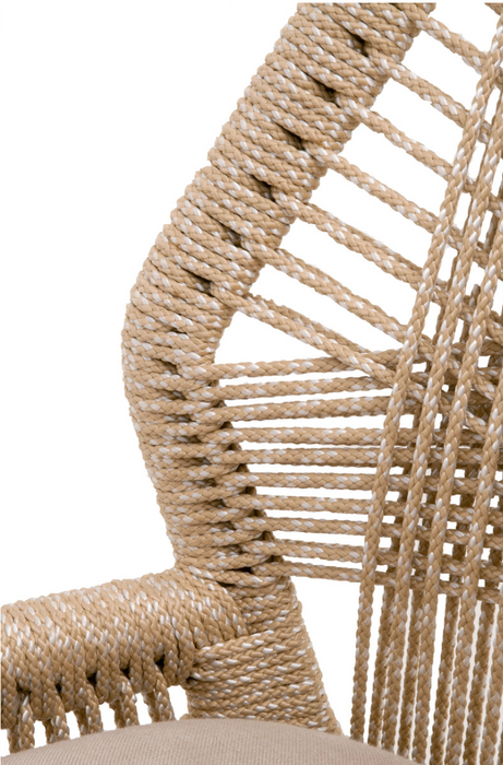 mahogany wood frame with intricate rope weave design and fixed upholstered seat cream linen cushion shopkohendesign interior design calgary online furniture shop amy koehn