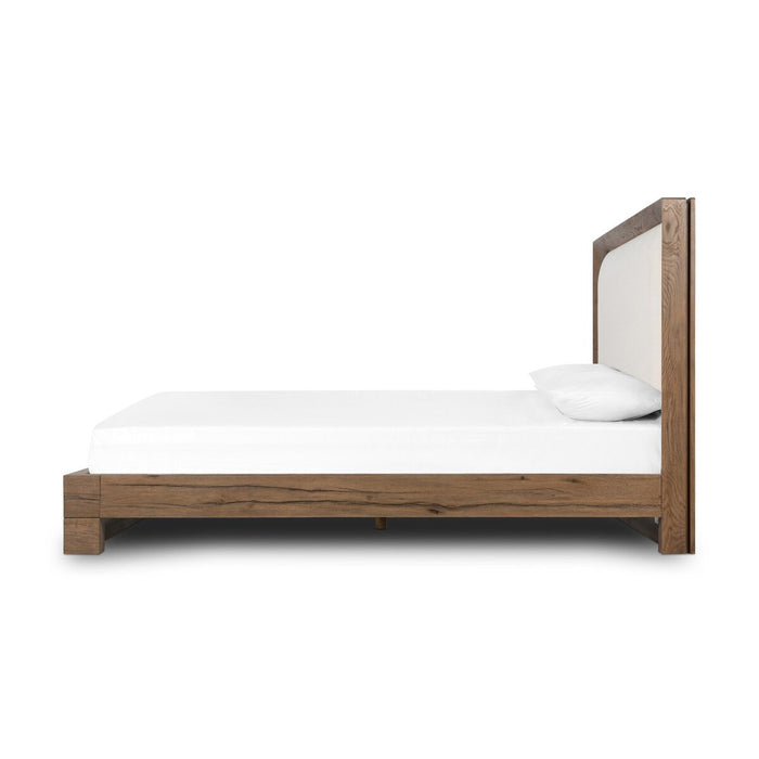 king bed  solid oak  rustic grey oak  ivory  performance fabric  upholstered headboard  calgary  amy kohen  calgary designer  koehndesign  interior design  Modern Design  modern  modern bed  yyclifestyle  yycliving  calgary furniture  calgary furniture shop  shopkoehndesign  canada  furniture  clean lines  online furniture shop  Luxury Furniture  casual comfort  minimalist  wood frame  angled corners  comfort