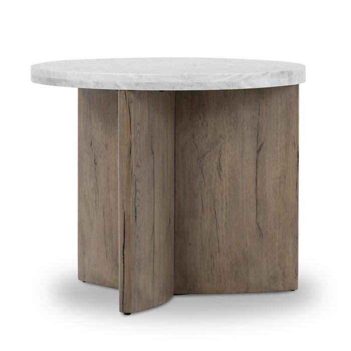 mixed material  rustic grey oak  calgary designer  interior design  koehndesign  yyclifestyle  yycliving  marble tabletop  marble  marble and wood  white marble  modern  calgary furniture  furniture  calgary  amy kohen  accent table  angled corners  calgary furniture shop  canada  clean lines  drink table  Luxury Furniture  minimalist design  modern accent table  natural living  polished white marble  round  round edge  shopkoehndesign