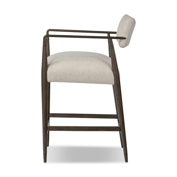 slim angular frame bronze metal rubberwood mix with linen blend performance fabric counter stool shopkoehndesign calary furniture shop amy koehn calgary designer
