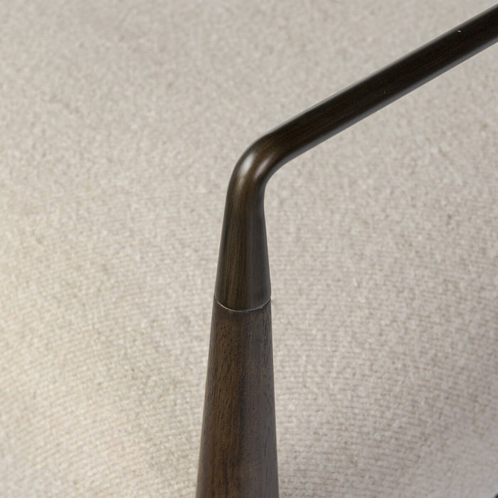 slim angular frame bronze metal rubberwood mix with linen blend performance fabric counter stool shopkoehndesign calary furniture shop amy koehn calgary designer