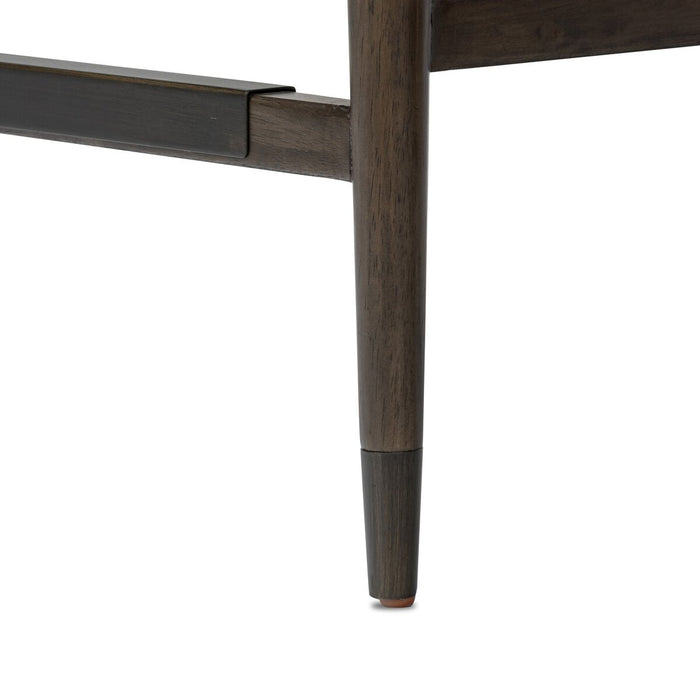 slim angular frame bronze metal rubberwood mix with linen blend performance fabric counter stool shopkoehndesign calary furniture shop amy koehn calgary designer