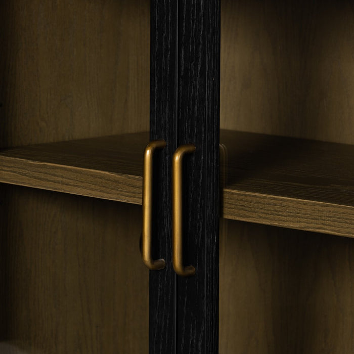 matte black sideboaard with wooden shelving, glass doors and gold hardware tv stand, ssideboard, console table living room tv room shopkoehndesign calgary furniture shop amy koehn koehndesign consulting calgary