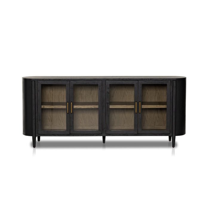 matte black sideboaard with wooden shelving, glass doors and gold hardware tv stand, ssideboard, console table living room tv room shopkoehndesign calgary furniture shop amy koehn koehndesign consulting calgary