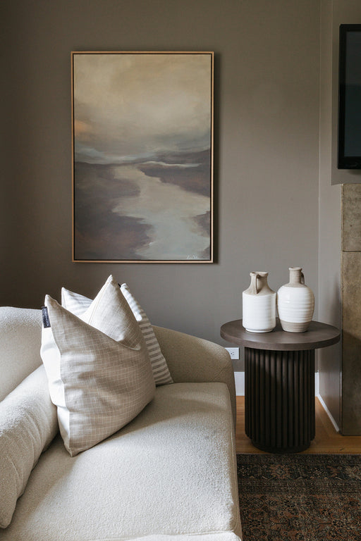 unique artwork  Lauren Fuhr  vertical orientation  Landscape artwork  peaceful landscape  Atmospheric Landscape  water and sky  neutral tones  interior design  koehndesign  calgary designer  amy kohen  calgary  matte canvas  white oak floater frame  yyclifestyle  yycliving  calgary furniture  calgary furniture shop  shopkoehndesign  canada  art  large artwork  calming