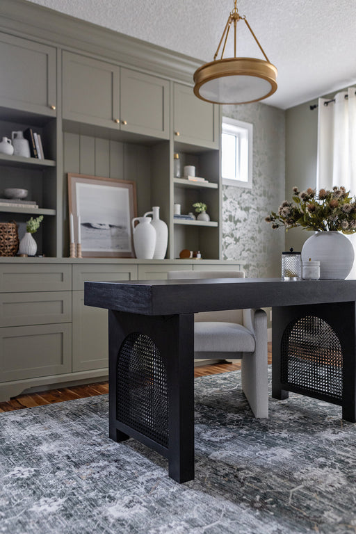 black washed mango desk with cane inlay legs and blackwashed hardware with two drawers monochromatic desk shopkoehndesign calgsary furniture shop amy koehn calgary designer