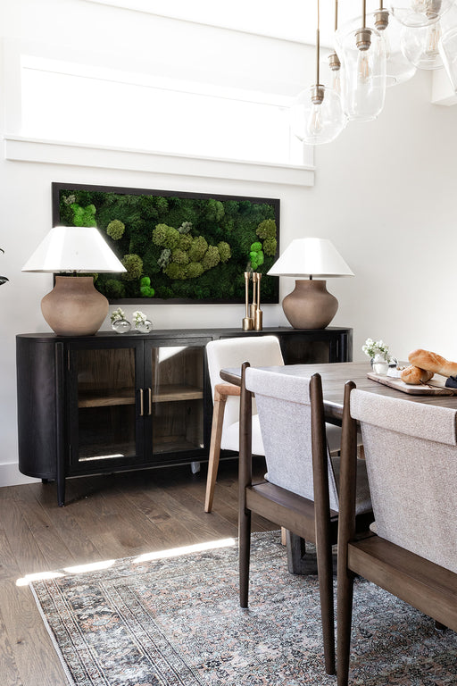 matte black sideboaard with wooden shelving, glass doors and gold hardware tv stand, ssideboard, console table living room tv room shopkoehndesign calgary furniture shop amy koehn koehndesign consulting calgary
