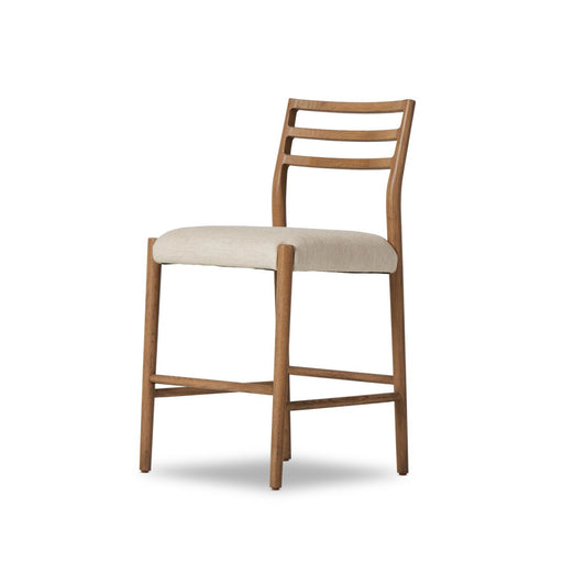 The classic ladderback counter stool smoked oak frames a squared cotton- and linen-blend seat shopkohendesign calgary furniture shop amy koehn calgary designer