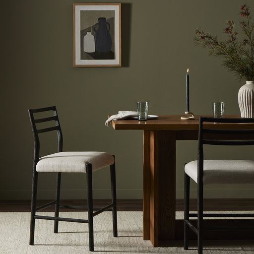 classic ladderback chair Carbon-finished oak frames a squared cotton- and linen-blend seat counter stool shopkohedesign calgary furniture shop amy koehn calgary designer