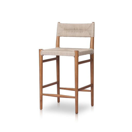 slim, tapered teak frames this woven all-weather wicker counter stool shopkoehndesign interior design calgary furniture shop amy koehn calgary designer