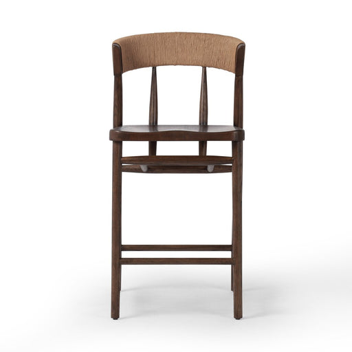 solid oak stool with tapered legs and a paper rush wrapped back rest sculpted seat counter stool shopkoehndesign calgary furnitue shop amy koehn calgary designer
