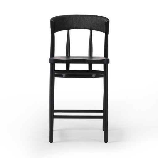 solid oak stool with tapered legs and angled seat and rattan wrapped paper rush back rest in black solid oak shopkoehndesign calgary furniture shop amy koehn calgary designer