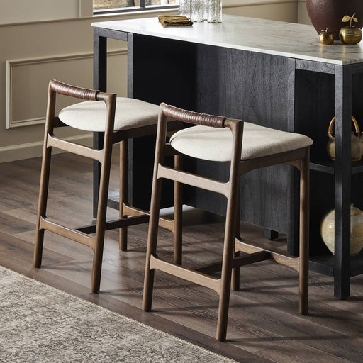 minimalist frame with low back leather wrapped linen blend cushion counter stool amy koehn calgary desginer shopkoehndesign calgary furniture shop
