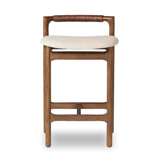minimalist frame with low back leather wrapped linen blend cushion counter stool amy koehn calgary desginer shopkoehndesign calgary furniture shop
