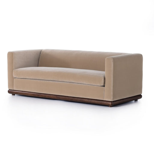 art deco inspired velvet taupe wood base clean line sofa amy koehn calgary designer calgary furniture shop 