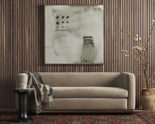 art deco inspired velvet taupe wood base clean line sofa amy koehn calgary designer calgary furniture shop