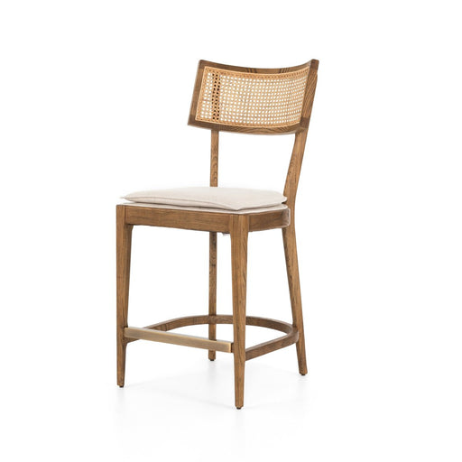 warm wood stool with inlay of natural cane and linen blend cushions modern  counter stool shopkoehndesign interior design calgary amy koehn calgary furniture shop