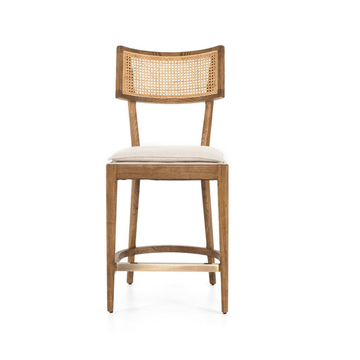 warm wood stool with inlay of natural cane and linen blend cushions modern  counter stool shopkoehndesign interior design calgary amy koehn calgary furniture shop
