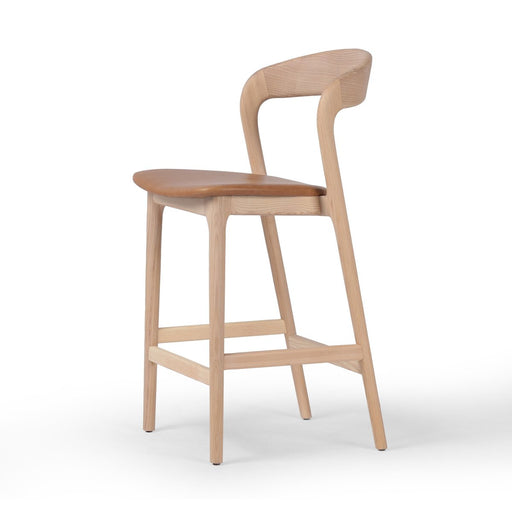 simple Scandinavian styling, solid ash with camel top leather grain seat counter stool amy koehn koehndesign shopkoehndesign calgary designer calgary furniture shop 