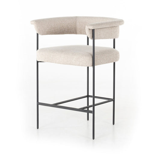 slim, black-finished iron framing, camel-colored upholstery counter stool shopkoehndesign interior design calgary designer calgary furniture shop online