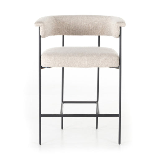 slim, black-finished iron framing, camel-colored upholstery counter stool shopkoehndesign interior design calgary designer calgary furniture shop online