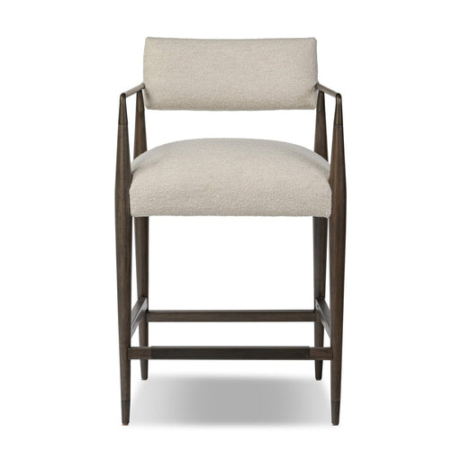 slim angular frame bronze metal rubberwood mix with linen blend performance fabric counter stool shopkoehndesign calary furniture shop amy koehn calgary designer