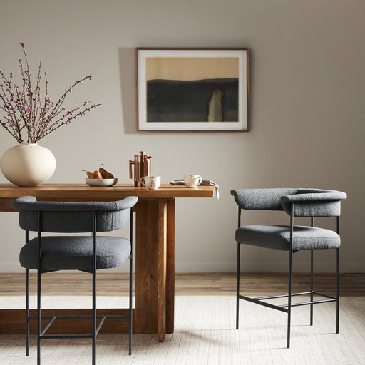 slim, black-finished iron framing, slate-colored performance boucle counter stool kohendesign shopkoehndesign amy koehn calgary designer calgary online furniture shop 