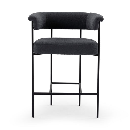 slim, black-finished iron framing, slate-colored performance boucle counter stool kohendesign shopkoehndesign amy koehn calgary designer calgary online furniture shop 