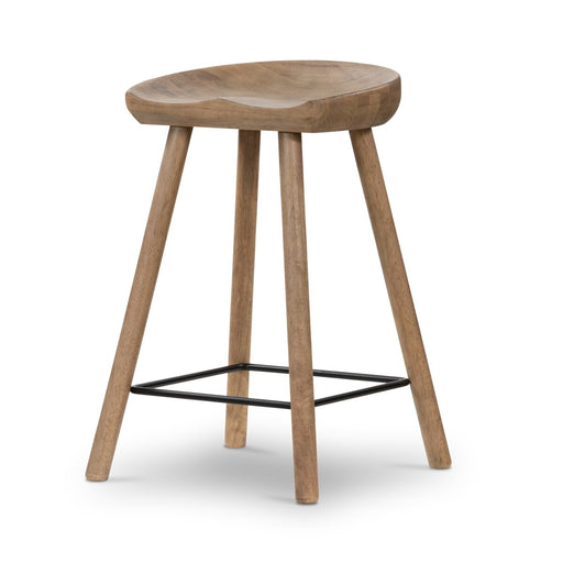 armless and backless sculpted seat parawood with black metal footrest natural solid wood stool shopkoehndesign calgary furniture shop amy koehn calgary designer