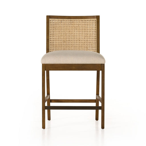 wood frame armless cane inlay linen blend cushion counter stool shopkohendesign calgary furniture shop amy koehn calgary designer 