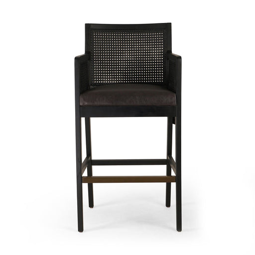 Ebony finished nettlewood frames a textural inlay of dark cane arms and back with top grain dark leather seat  counter stool shopkoehndesign calgary furniture shop amy koehn calgary designer
