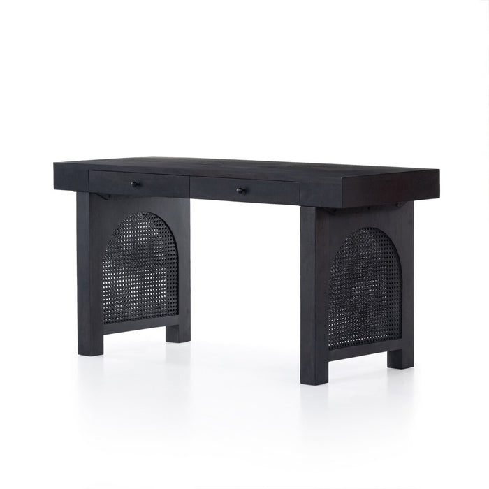 black washed mango desk with cane inlay legs and blackwashed hardware with two drawers monochromatic desk shopkoehndesign calgsary furniture shop amy koehn calgary designer 