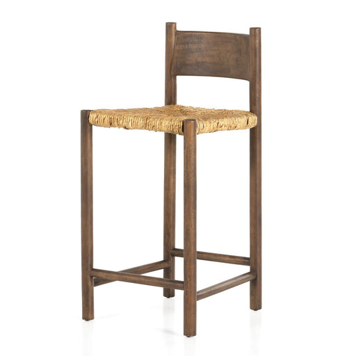 solid mango forms a clean, angular frame for a woven banana leaf seat counter stool shopkoehndesign calgary furniture shop amy koehn calgary designer